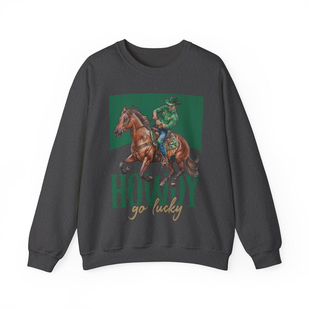 Howdy Go Lucky Crew sweatshirt featuring a graphic of a man riding a horse, crafted for comfort with a ribbed knit collar and a polyester-cotton blend.