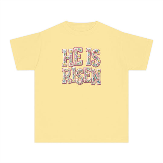 He is Risen Kids Tee with pastel floral lettering on pale yellow, short-sleeve. Perfect for active kids, crafted from soft, 100% combed ring-spun cotton.
