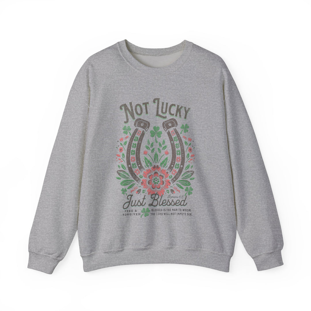Grey Blessed Crew sweatshirt featuring a horseshoe design, made from a comfortable polyester-cotton blend, with a ribbed knit collar and loose fit.