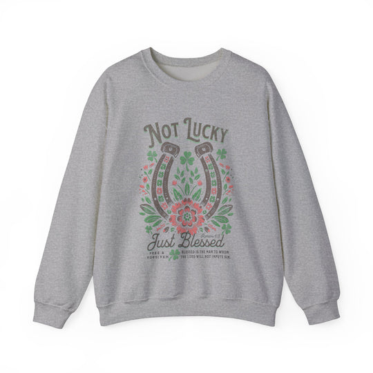 Grey Blessed Crew sweatshirt featuring a horseshoe design, made from a comfortable polyester-cotton blend, with a ribbed knit collar and loose fit.