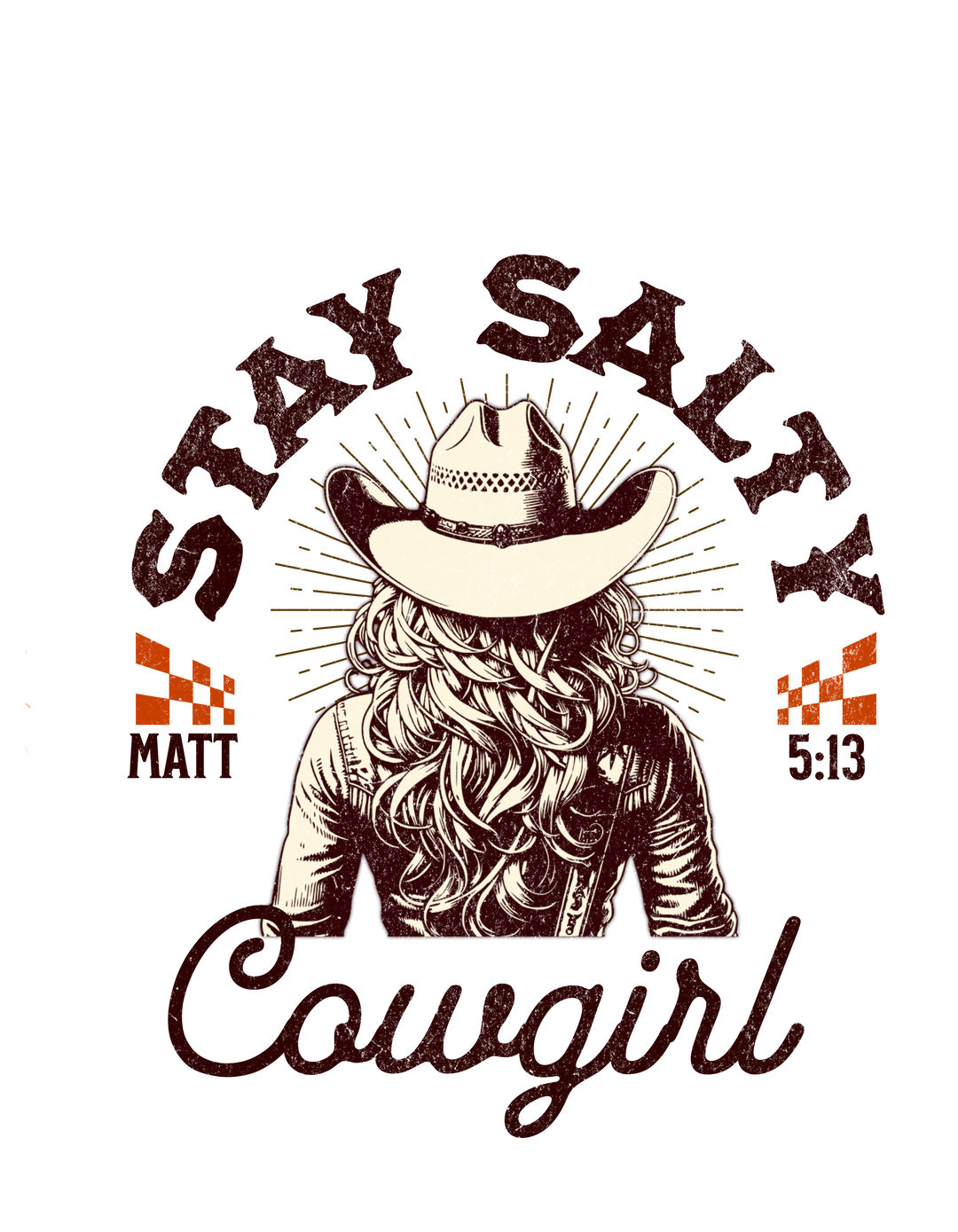 Woman in cowboy hat models Stay Salty Crew unisex sweatshirt, emphasizing comfort and style with a ribbed collar and seamless design.