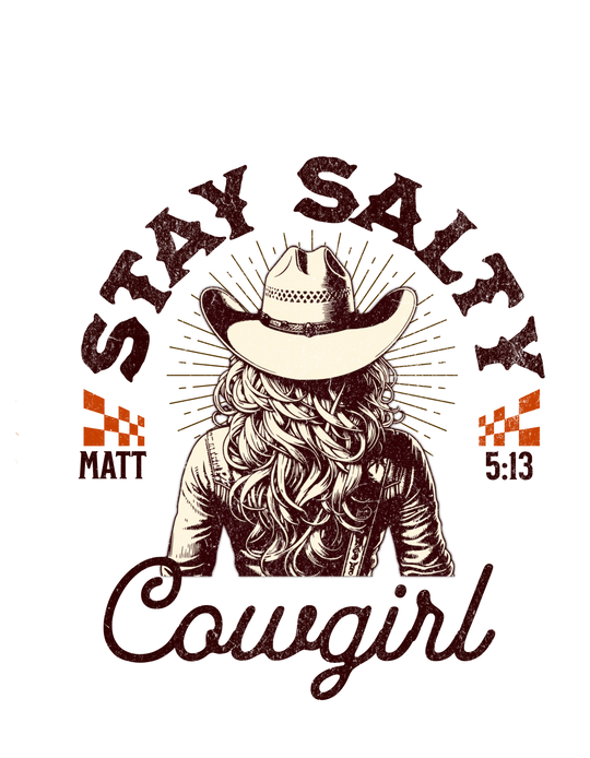 Woman in cowboy hat models Stay Salty Crew unisex sweatshirt, emphasizing comfort and style with a ribbed collar and seamless design.