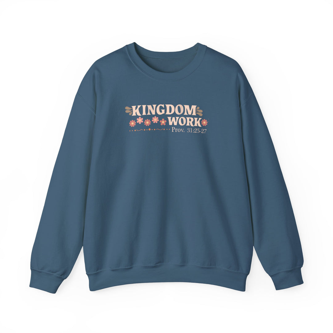 Motherhood Kingdom Work Crew sweatshirt features a minimalist design with KINGDOM WORK text, peach flowers, and scripture, offering comfort in a polyester-cotton blend.