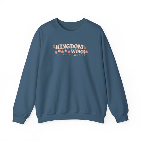 Motherhood Kingdom Work Crew sweatshirt features a minimalist design with KINGDOM WORK text, peach flowers, and scripture, offering comfort in a polyester-cotton blend.