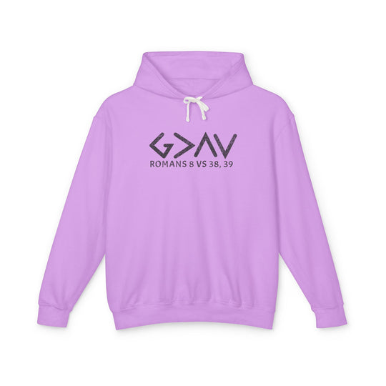 Purple God is Greater hoodie featuring black text, part of a matching set. Made from 100% ring-spun US cotton for comfort and durability.