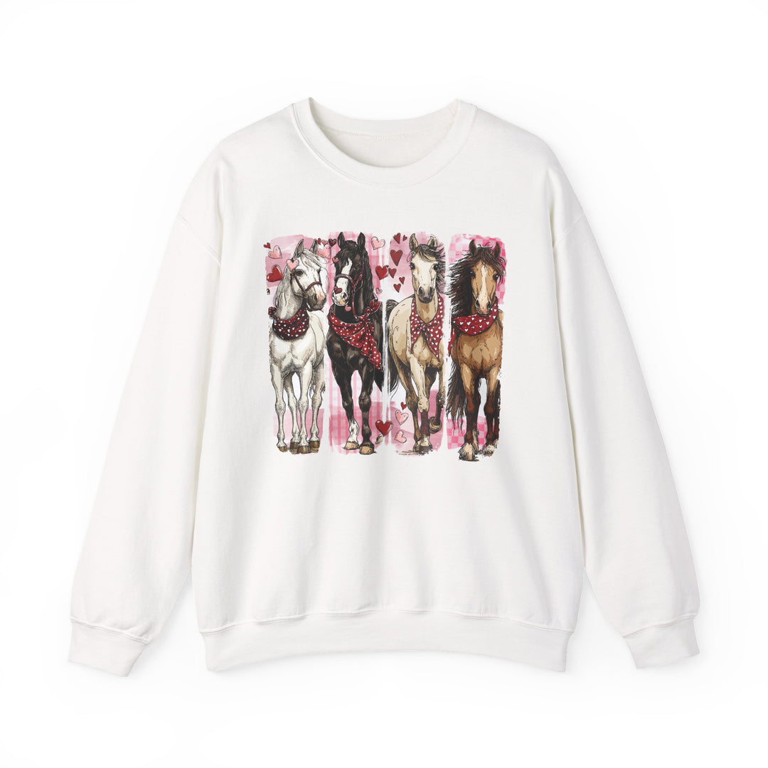 Horse Valentine Crew sweatshirt featuring four bandana-clad horses with heart motifs, offering a cozy fit and durable polyester-cotton blend for lasting comfort.
