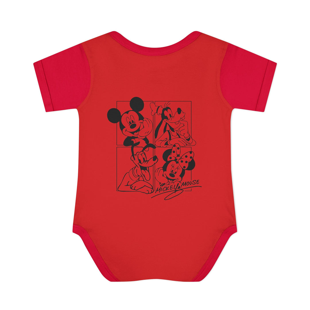 Mickey and CO Onesie: Infant unisex bodysuit with lap shoulders, made from soft 100% ring-spun cotton, designed for comfort and easy dressing.