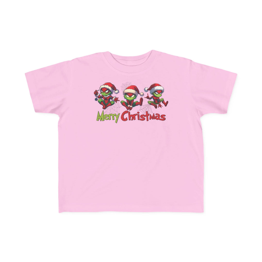 Spider Toddler Tee with festive Grinch-like characters and Merry Christmas graphic, designed for toddlers. Soft, durable cotton, classic fit, and true to size.