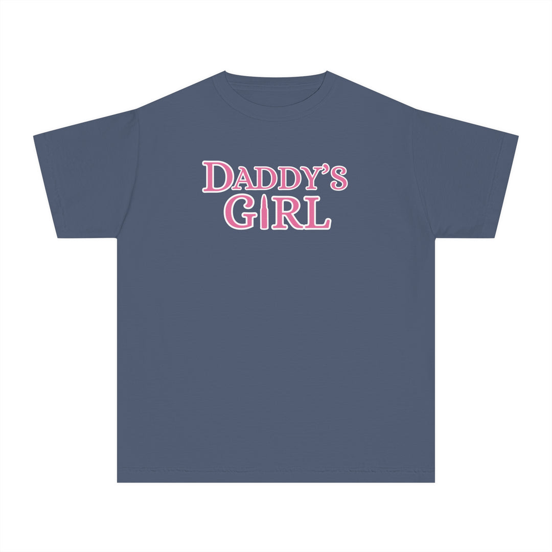 The Daddy's Girl Kids Tee is a blue t-shirt featuring pink text, designed for comfort and agility with 100% combed ring-spun cotton, ideal for active kids.