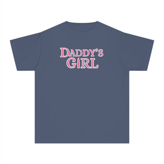 The Daddy's Girl Kids Tee is a blue t-shirt featuring pink text, designed for comfort and agility with 100% combed ring-spun cotton, ideal for active kids.