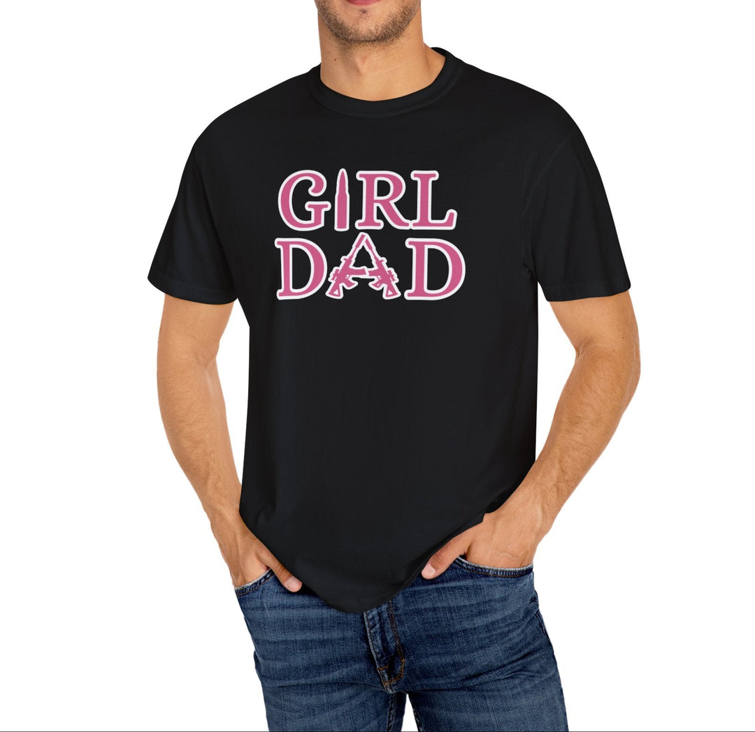 Man wearing a black Girl Dad Tee with pink text, showcasing its soft, relaxed fit and durable stitching from Worlds Worst Tees.