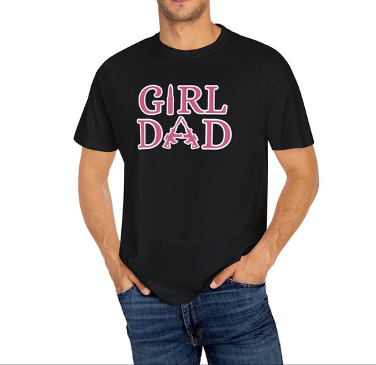 Man wearing a black Girl Dad Tee with pink text, showcasing its soft, relaxed fit and durable stitching from Worlds Worst Tees.