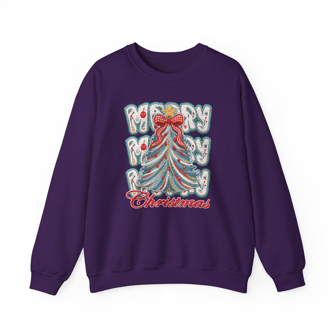 Dark-purple crewneck sweatshirt featuring the Merry Christmas Tree Crew design with festive embroidered-look graphics of a Christmas tree and ribbon-like lettering.