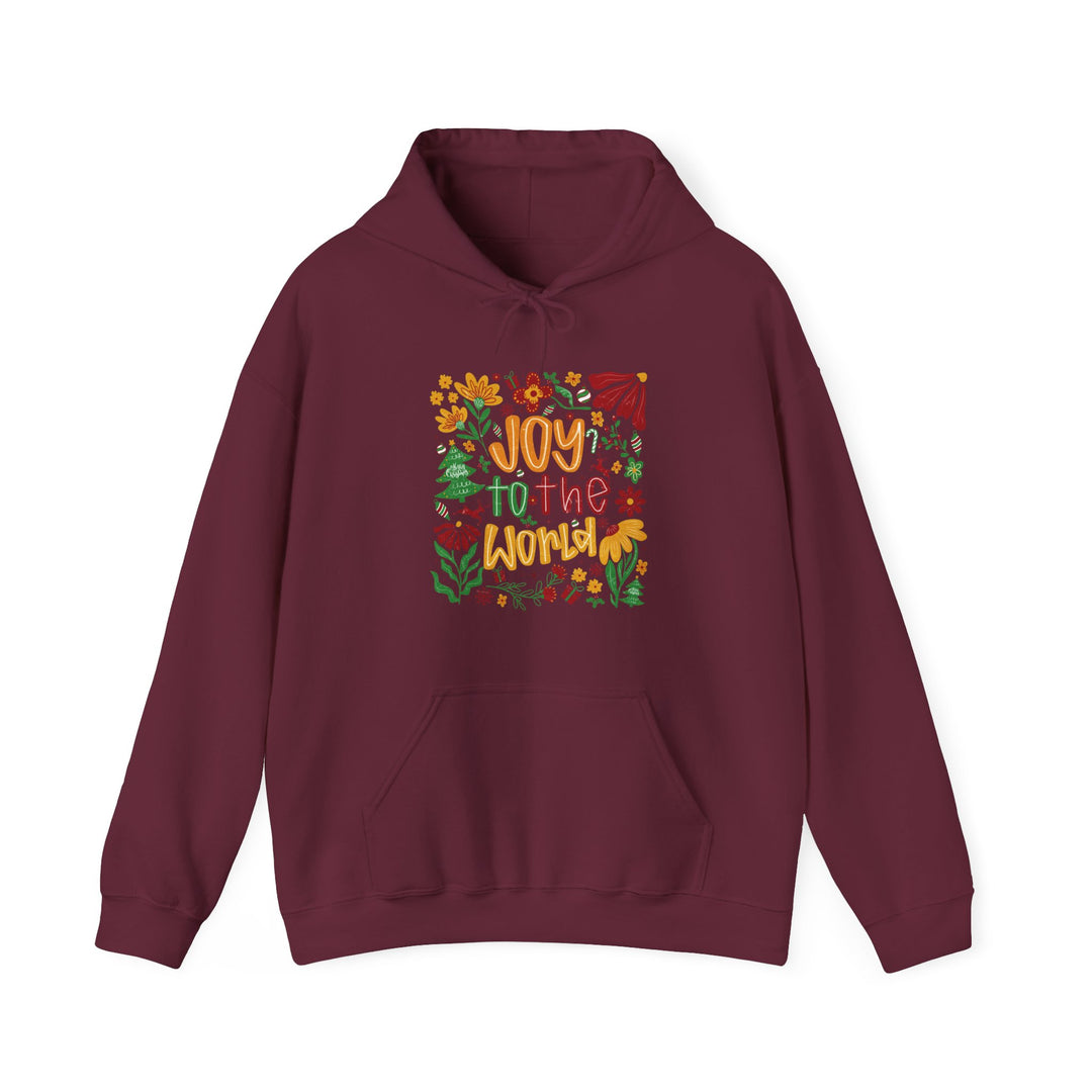 Joy to the World Hoodie features a festive graphic of flowers, foliage, and candy-cane motifs, perfect for cozy, stylish comfort in cold weather.