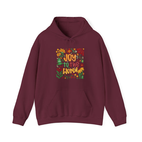 Joy to the World Hoodie features a festive graphic of flowers, foliage, and candy-cane motifs, perfect for cozy, stylish comfort in cold weather.