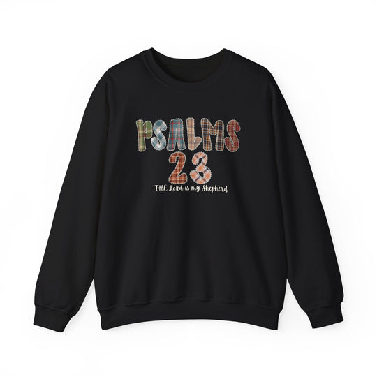 Black crewneck sweatshirt featuring PSALMS 23 in plaid patchwork, with The Lord is my Shepherd below. Cozy unisex fit by Faith Family Designs.