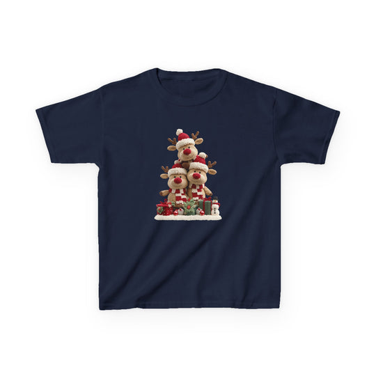 Reindeer Tree Kids Tee: Navy-blue T-shirt featuring three festive reindeer plush toys stacked in a pyramid, each with Santa hats and scarves, on snow with gifts.