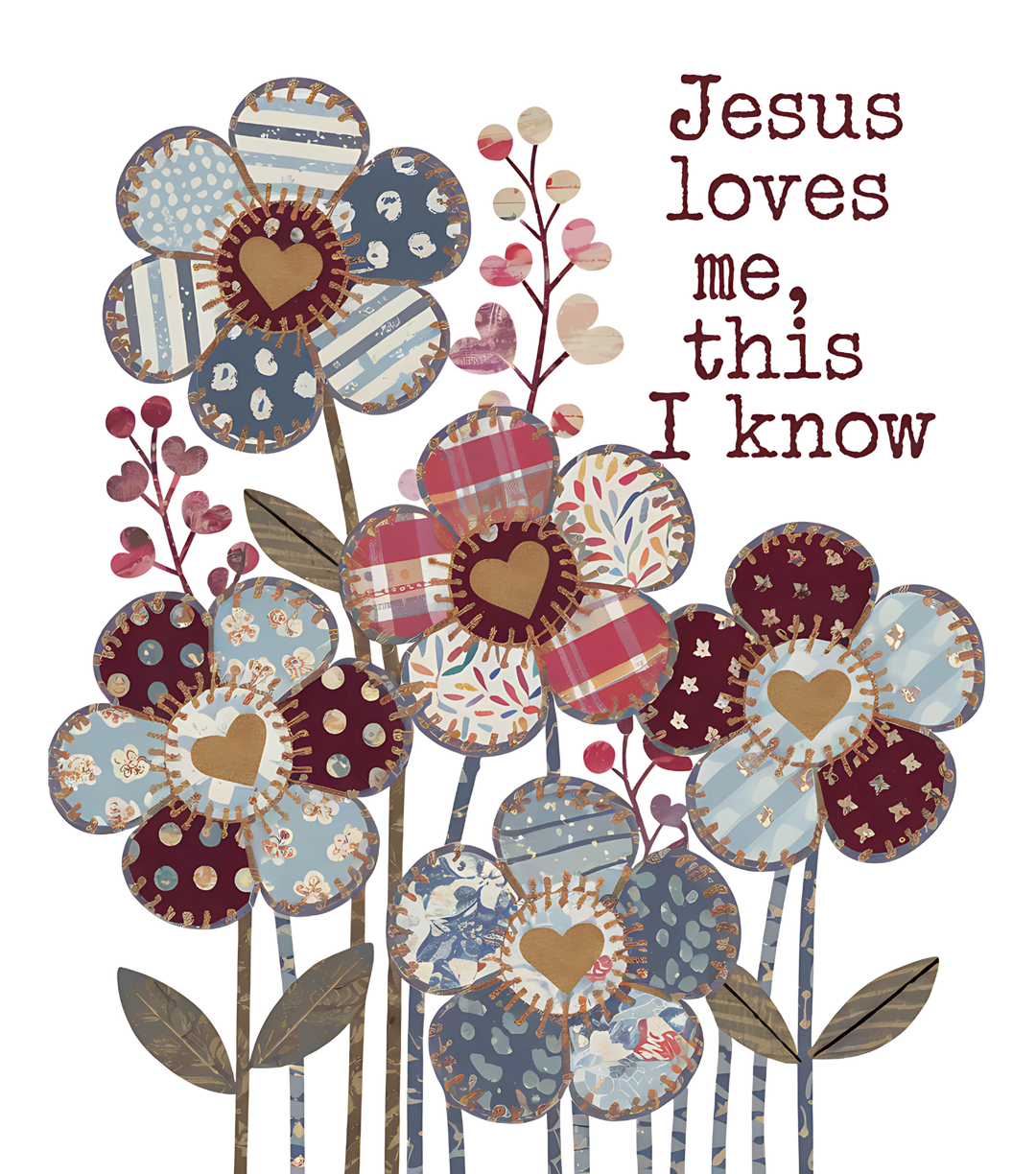 Decorative collage-style illustration of patchwork flowers with Jesus loves me, this I know. text, featured on a unisex jersey tee from Faith Family Designs.
