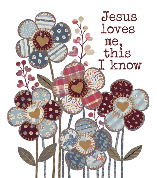 Decorative collage-style illustration of patchwork flowers with Jesus loves me, this I know. text, featured on a unisex jersey tee from Faith Family Designs.