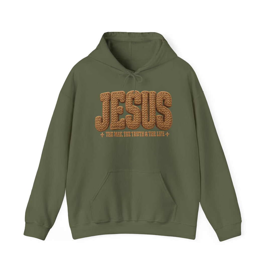 Olive-green Jesus Hoodie featuring a knit-style JESUS graphic, kangaroo pocket, and drawstring hood; ideal for warmth and comfort from Faith Family Designs.