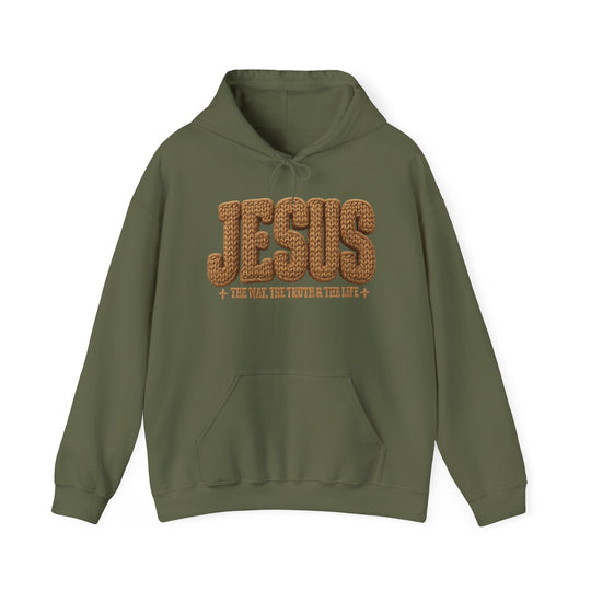 Olive-green Jesus Hoodie featuring a knit-style JESUS graphic, kangaroo pocket, and drawstring hood; ideal for warmth and comfort from Faith Family Designs.