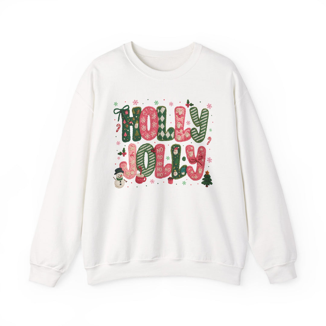 White Holly Jolly crew-neck sweatshirt with festive holiday graphics including candy-canes, holly, snowflakes, and Christmas motifs, offering a cozy, unisex fit.