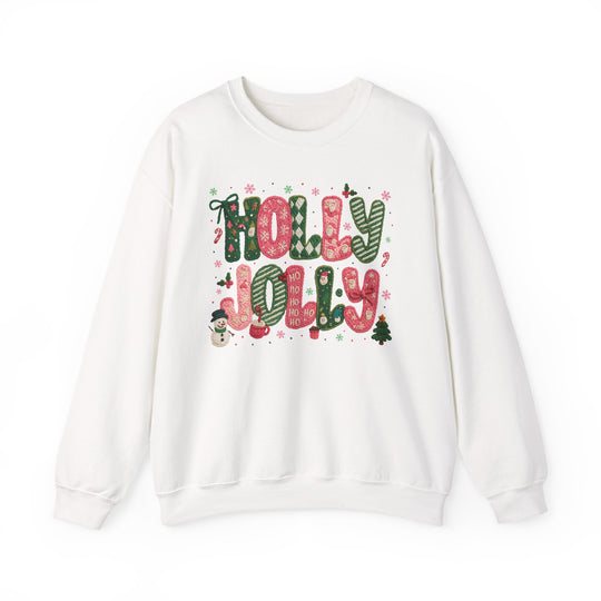 White Holly Jolly crew-neck sweatshirt with festive holiday graphics including candy-canes, holly, snowflakes, and Christmas motifs, offering a cozy, unisex fit.