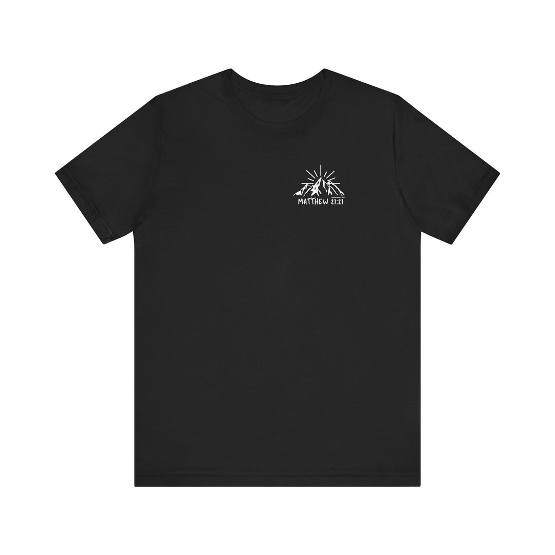 A black t-shirt featuring a mountain and sun logo, labeled Faith Can Move Mountains Tee. Unisex jersey tee made of 100% Airlume combed cotton. Retail fit with ribbed knit collars and tear-away label.