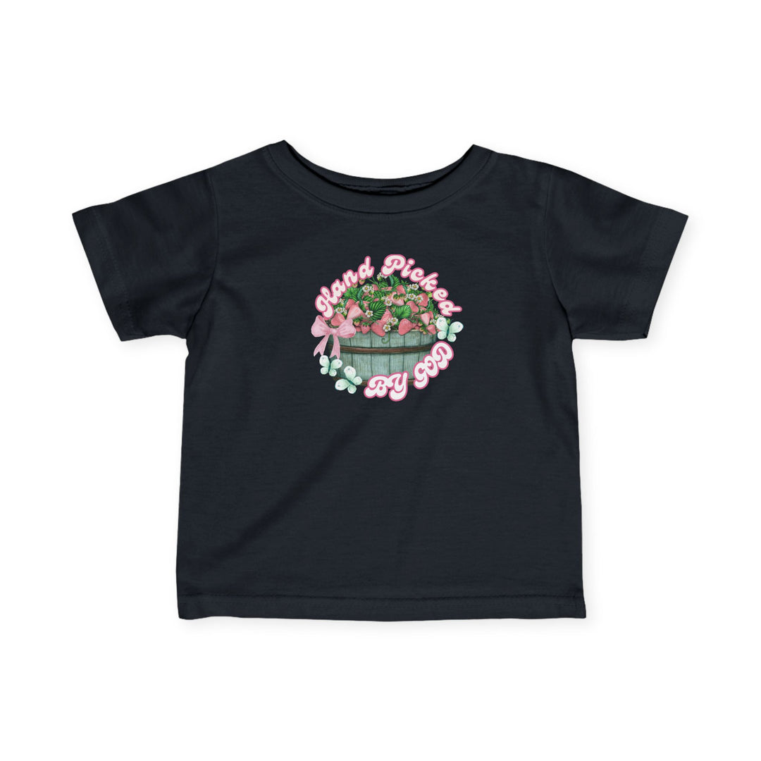 Hand Picked by GOD Baby Tee, classic fit infant jersey with ribbed knitting, taped shoulders, and side seams for shape support, emphasizing comfort and durability.