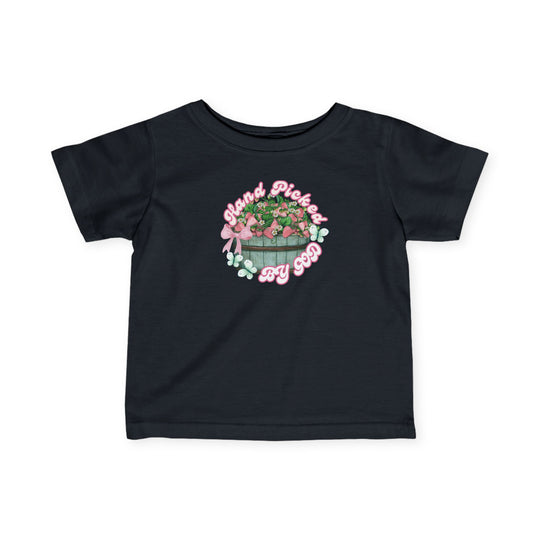 Hand Picked by GOD Baby Tee, classic fit infant jersey with ribbed knitting, taped shoulders, and side seams for shape support, emphasizing comfort and durability.
