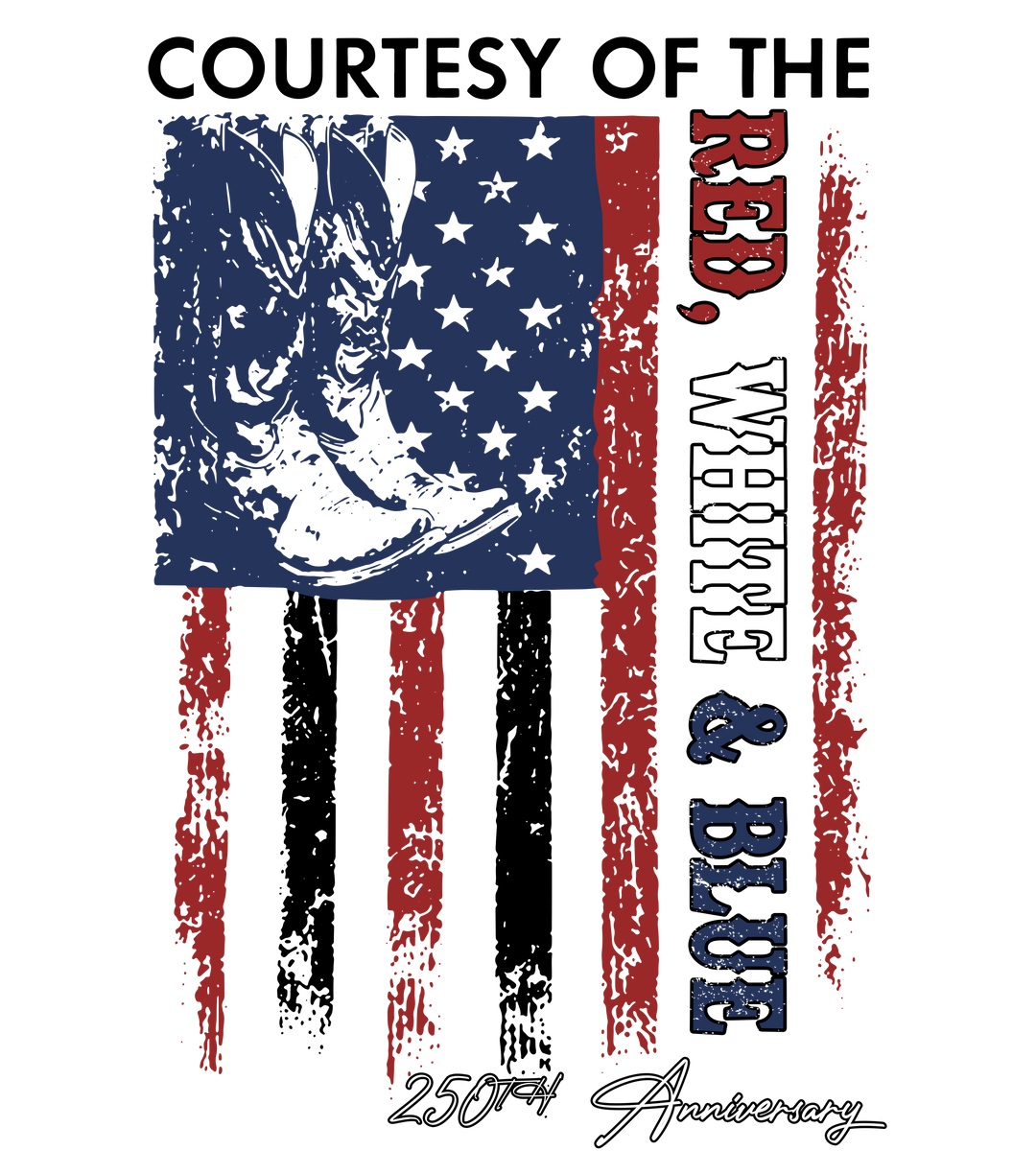 Courtesy of the USA Tee features a distressed USA flag motif with a bull skull, paint-stroke stripes, and 250th Anniversary in cursive at the bottom.
