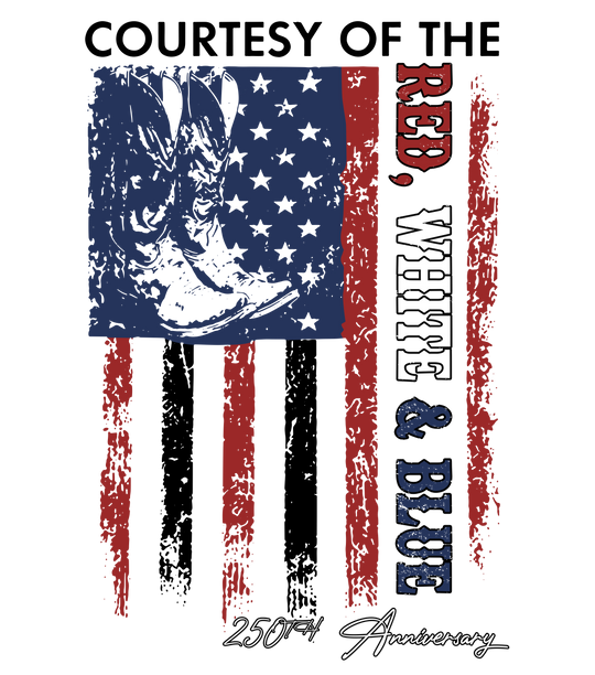 Courtesy of the USA Tee features a distressed USA flag motif with a bull skull, paint-stroke stripes, and 250th Anniversary in cursive at the bottom.