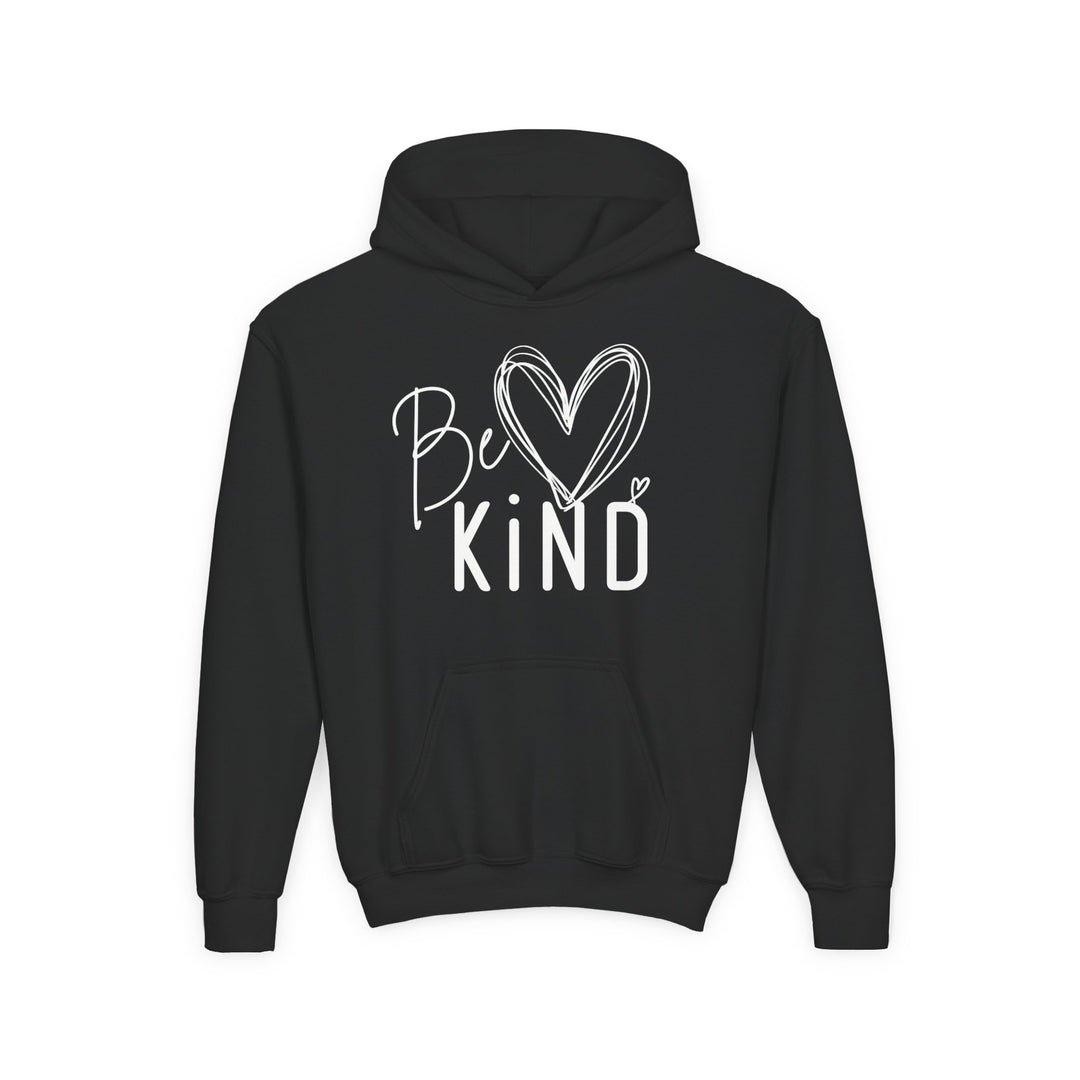 Be Kind Youth Hoodie in black with Be Kind graphic on chest, featuring kangaroo pocket and hood. Made from soft, preshrunk fleece blend.