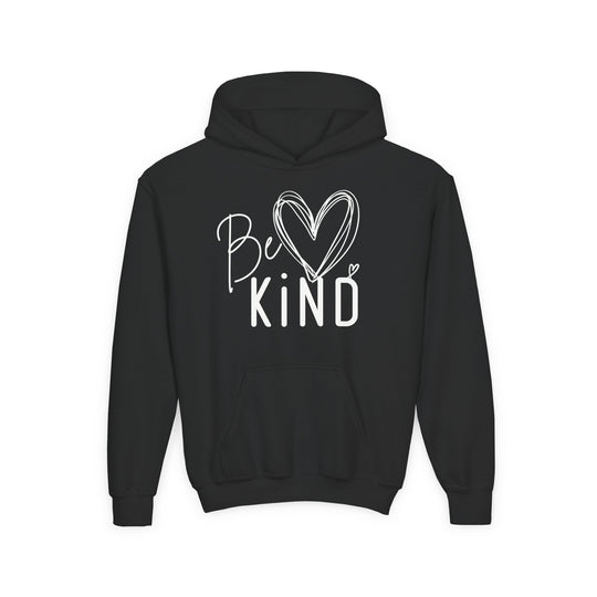 Be Kind Youth Hoodie in black with Be Kind graphic on chest, featuring kangaroo pocket and hood. Made from soft, preshrunk fleece blend.