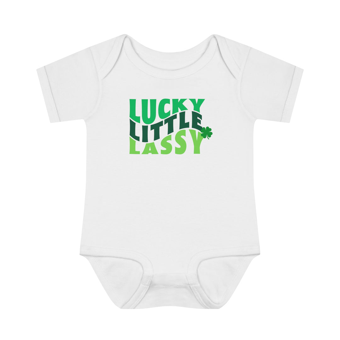 A Lucky Little Lassy Onesie for infants, featuring soft ring-spun cotton and lap shoulders for comfort and easy dressing. Unisex fit, light fabric, tear-away label. Ideal for younglings.