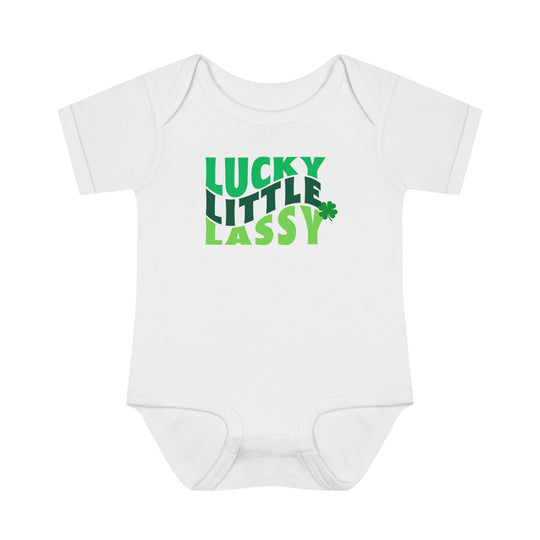 A Lucky Little Lassy Onesie for infants, featuring soft ring-spun cotton and lap shoulders for comfort and easy dressing. Unisex fit, light fabric, tear-away label. Ideal for younglings.