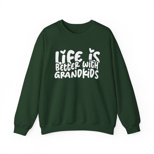 Dark-green crewneck sweatshirt with “Life is better with grandkids” in playful white lettering, ideal for comfort with a polyester-cotton blend, ribbed collar, and no side seams.
