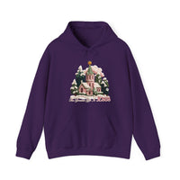 Gift is Jesus Hoodie featuring a winter graphic with a snow-covered church and star, emphasizing warmth and comfort with a kangaroo pocket and matching drawstring.
