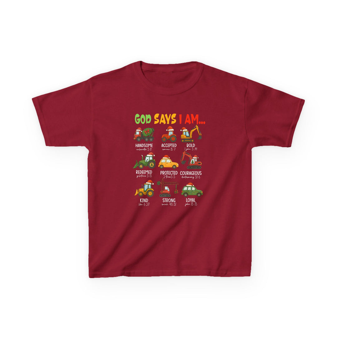 Red 'God Says I Am' Christmas Truck Kids Tee with cartoon vehicles, each labeled with a positive adjective and Bible reference, perfect for festive, faith-based wear.