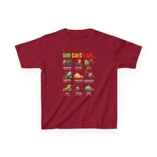 Red 'God Says I Am' Christmas Truck Kids Tee with cartoon vehicles, each labeled with a positive adjective and Bible reference, perfect for festive, faith-based wear.