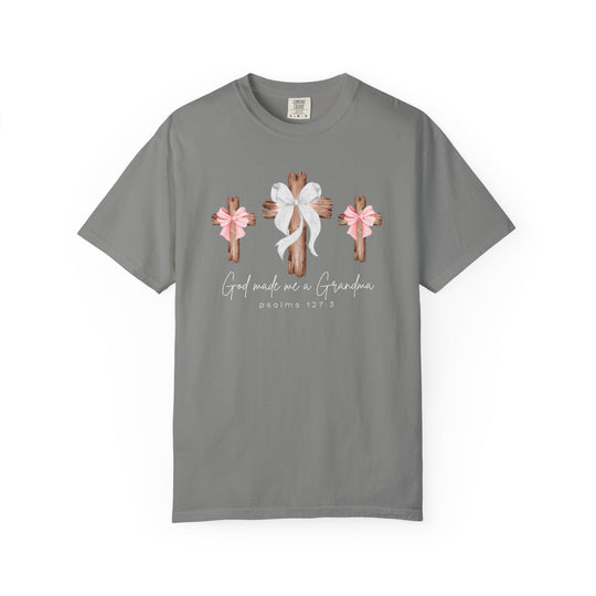 Heather-gray T-shirt featuring three rustic crosses with bows and the text God made me a Grandma psalms 127:3 in mixed fonts.
