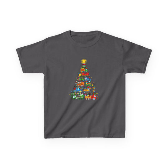 Christmas Truck Kids Tee: Dark charcoal-gray T-shirt with a colorful Christmas-tree graphic made of cartoon trucks, featuring festive lights and a yellow star on top.