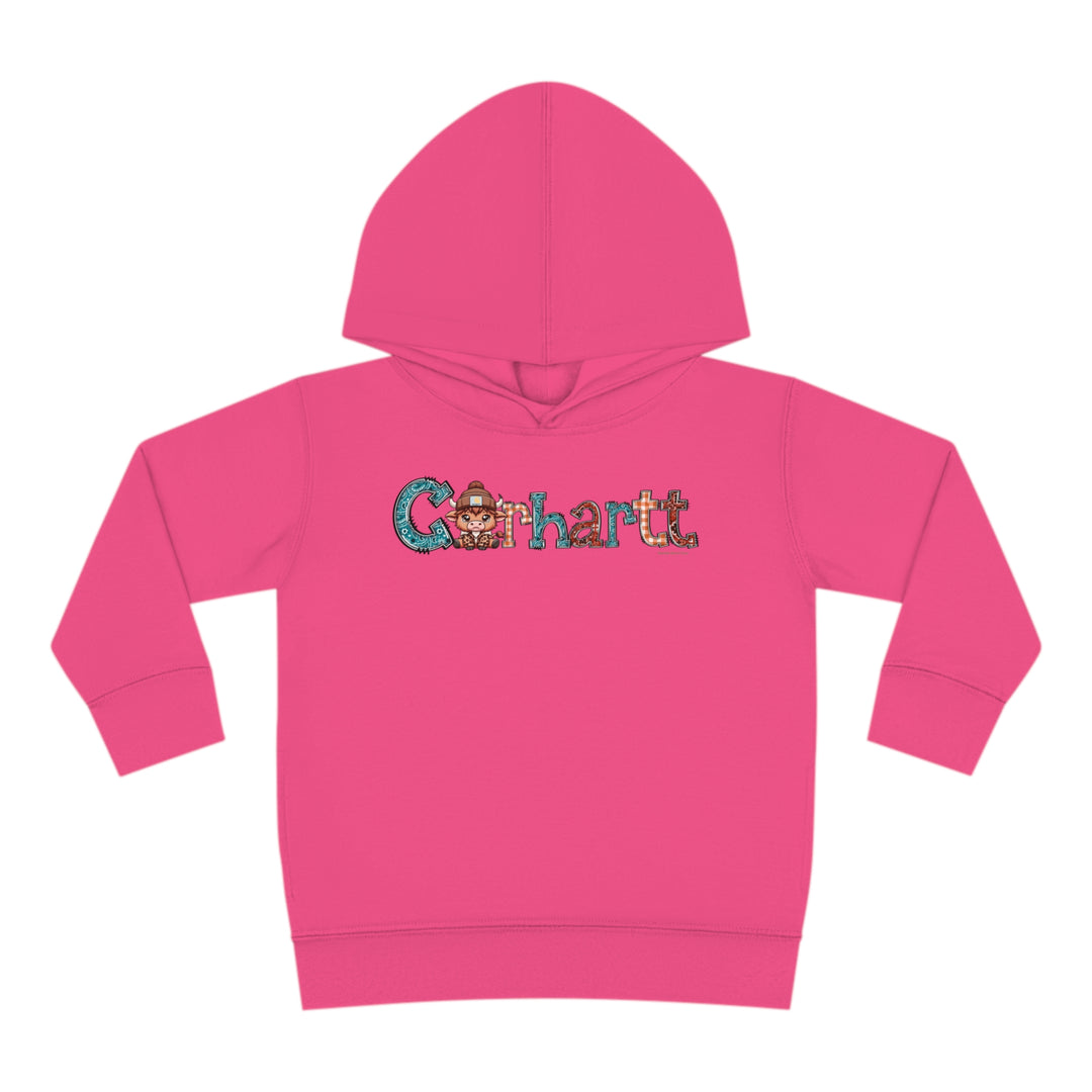 Toddler hoodie with cartoon bull character design, jersey-lined hood, cover-stitched details, and side seam pockets. 60% cotton, 40% polyester blend for cozy durability. From Worlds Worst Tees.