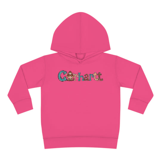 Toddler hoodie with cartoon bull character design, jersey-lined hood, cover-stitched details, and side seam pockets. 60% cotton, 40% polyester blend for cozy durability. From Worlds Worst Tees.