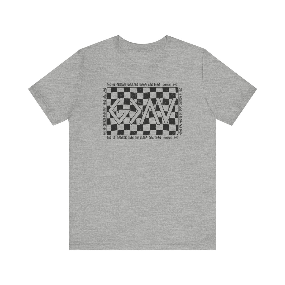 God Highs and Lows Tee: A grey t-shirt featuring a black and white checkered design, crafted from soft cotton for comfort and durability with a retail fit.