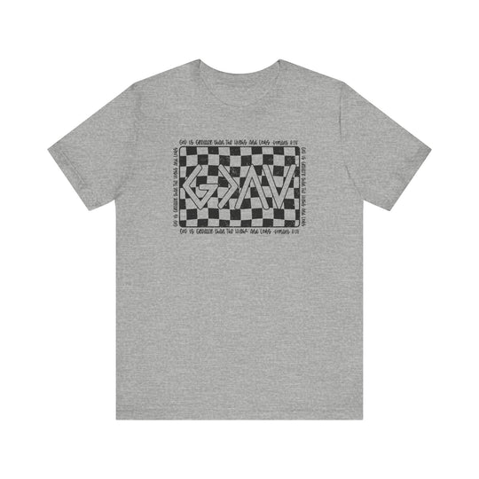 God Highs and Lows Tee: A grey t-shirt featuring a black and white checkered design, crafted from soft cotton for comfort and durability with a retail fit.