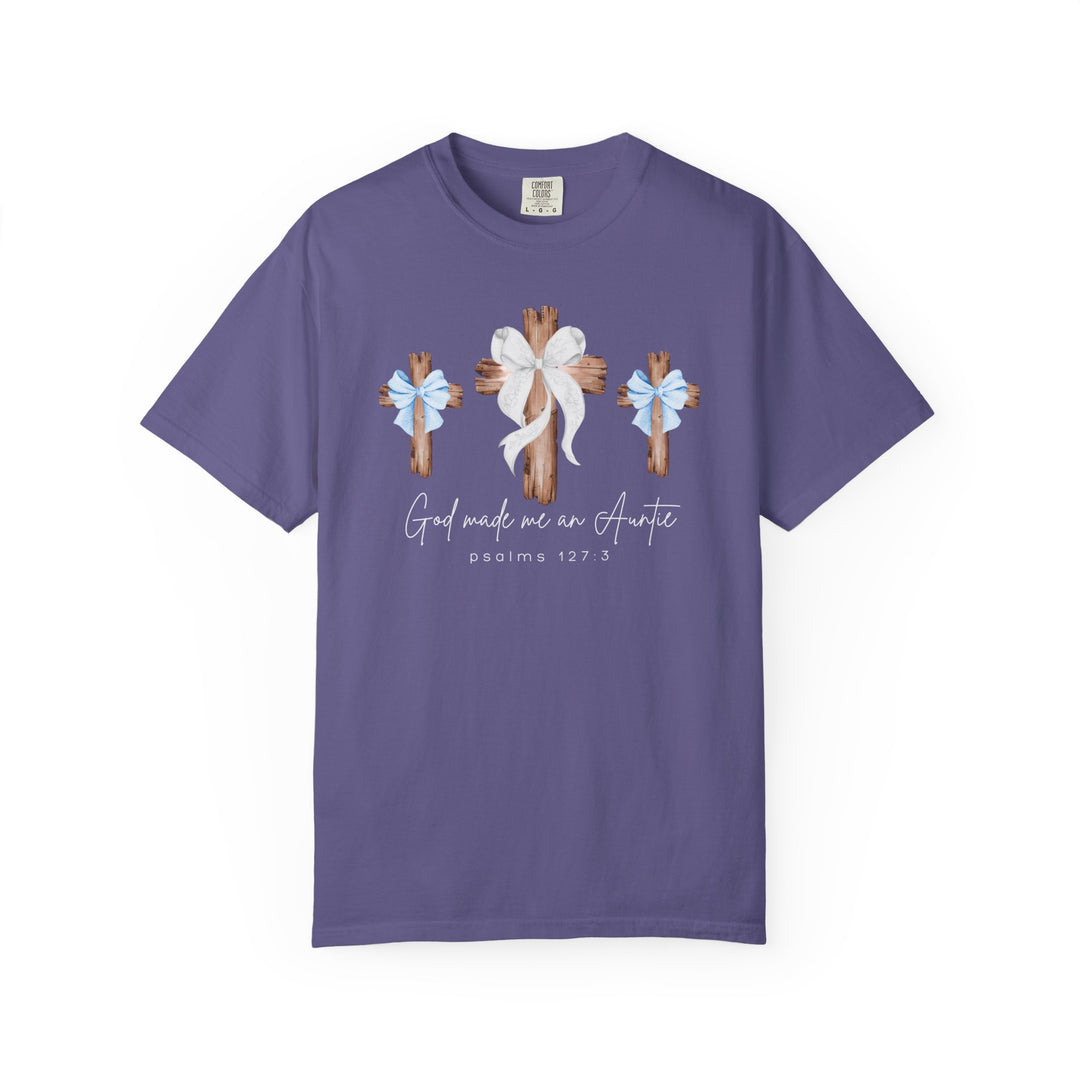 Purple Comfort Colors T-shirt featuring three rustic wooden crosses with bows and the phrase God made me an Auntie. Psalms 127:3.