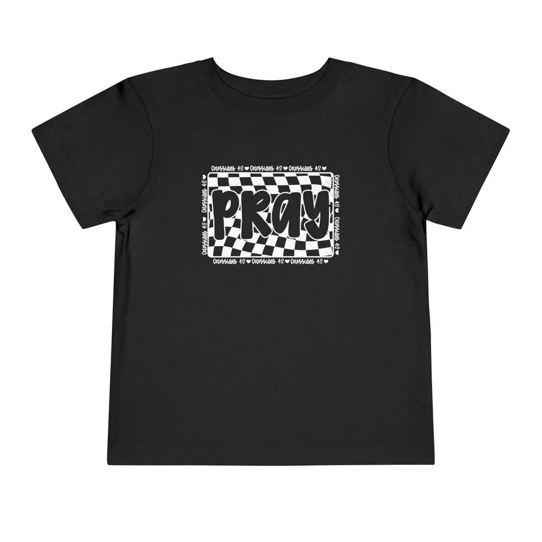 Pray Toddler Tee: Black t-shirt featuring a white and black design, crafted from 100% Airlume cotton, ideal for kids' everyday comfort.
