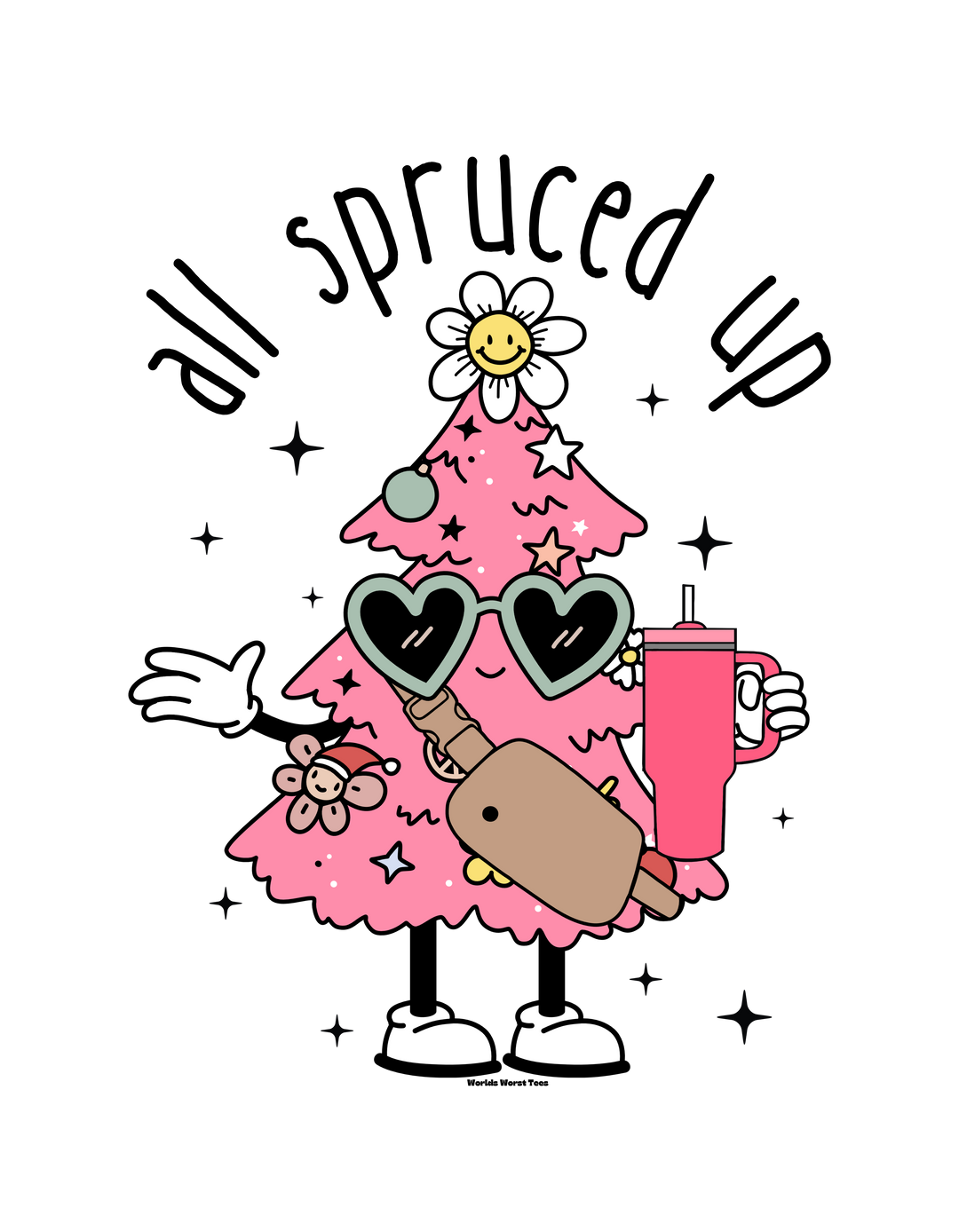 A playful cartoon Christmas tree with sunglasses and a drink adorns the All Spruced up Toddler Long Sleeve Tee. Made of durable 100% combed ringspun cotton, featuring ribbed collar and EasyTear™ label for comfort.