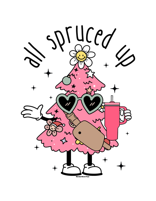 A playful cartoon Christmas tree with sunglasses and a drink adorns the All Spruced up Toddler Long Sleeve Tee. Made of durable 100% combed ringspun cotton, featuring ribbed collar and EasyTear™ label for comfort.